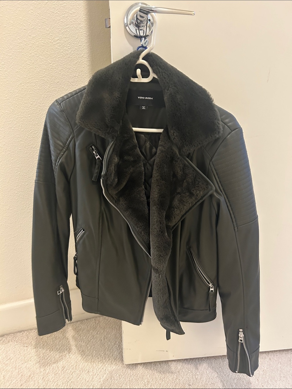 Vero Moda Olive Faux Leather Jacket with Plush Faux Fur Collar
